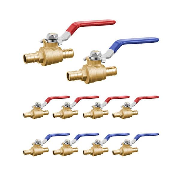 PEX Ball Valve, 10 Pcs, 1/2 in PEX Brass Ball Valve, PEX Full Port Brass Ball Valves, Quarter Turn Hot (Red) Cold (Blue)