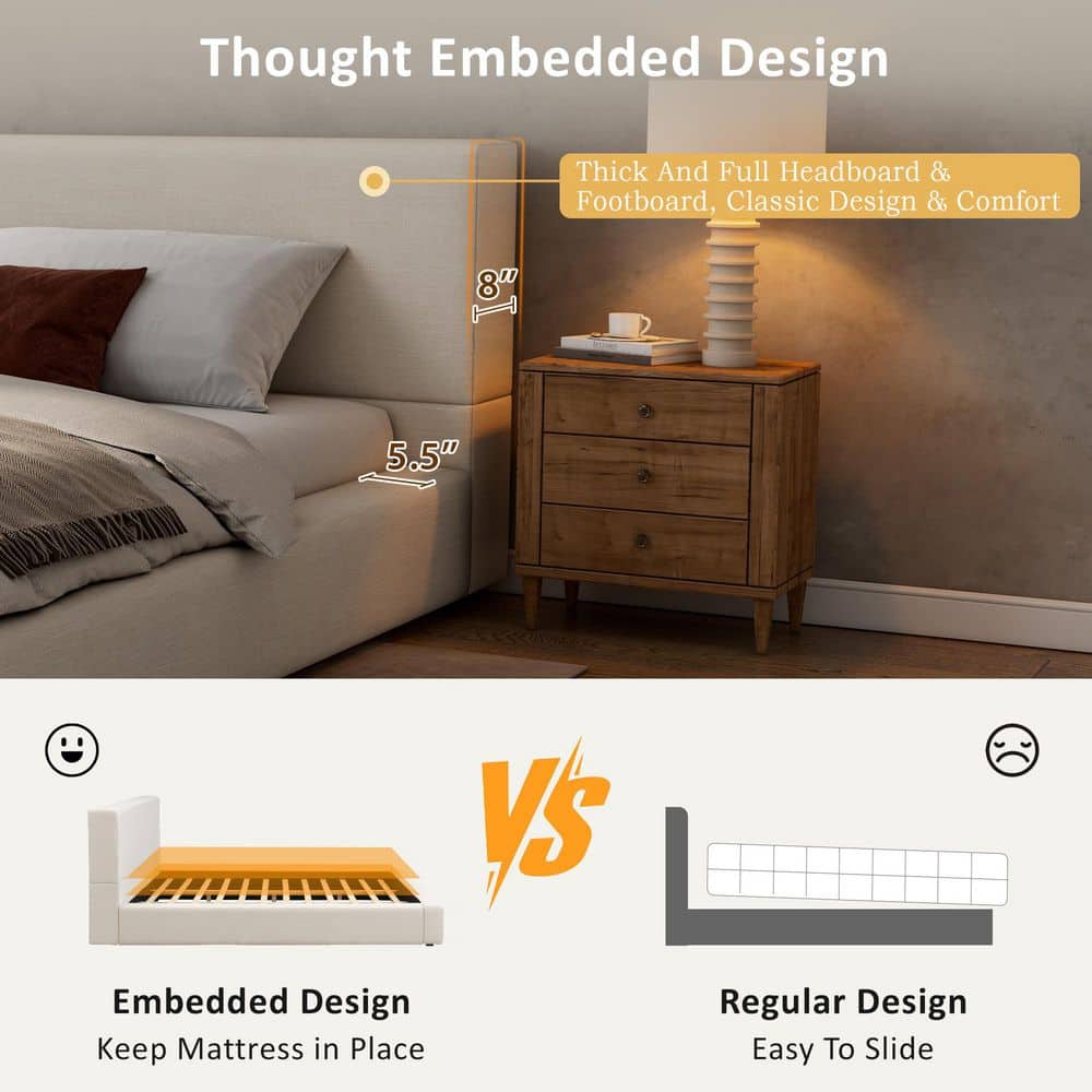 Feynor Modern Beige Linen Upholstered Wood Frame King Size Platform Bed with Thick Headboard - thumbnail 7