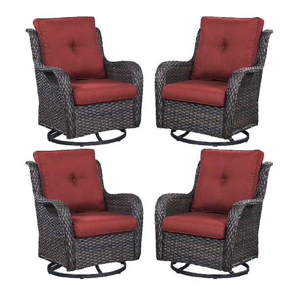 4-Piece Set Outdoor Swivel Brown Wicker Outdoor Rocking Chair with CushionGuard Red Cushions