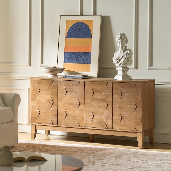 Kamis Seadrift Wood 60 in. Sideboard with Hexagonal Embellishments and Solid Wood Legs