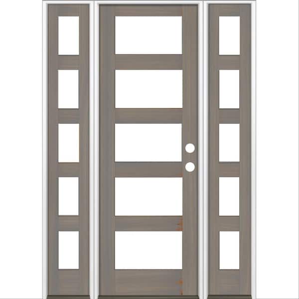 Krosswood Doors 60 in. x 96 in. Modern Hemlock Left-Hand/Inswing 5-Lite Clear Glass Grey Stain Wood Prehung Front Door with Sidelites