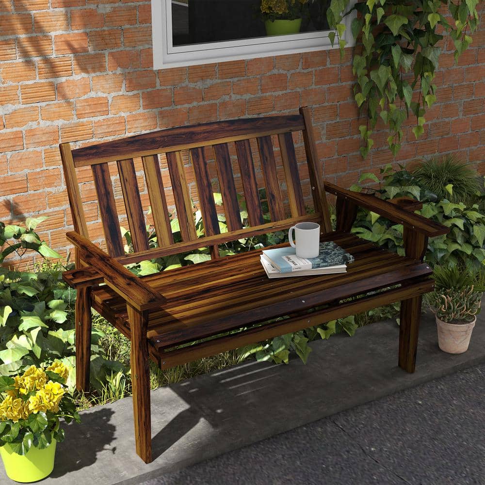 Outsunny Carbonized Fir Wood 2-Person Garden Bench with Cupholders