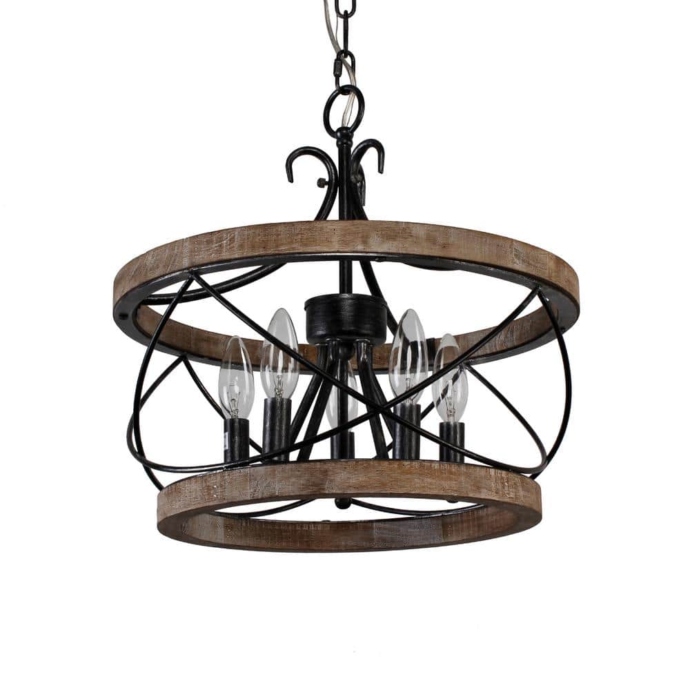 15.7" Weathered Wood Drum Farmhouse Chandelier with Adjustable Chain