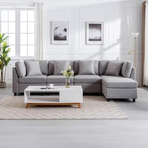 Convertible Linen Sectional Modular Sofa 5-Piece Grey Living Room Set U Shaped Couch with Chaise