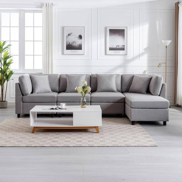 Morden Fort Convertible Linen Sectional Modular Sofa 5-Piece Grey ...