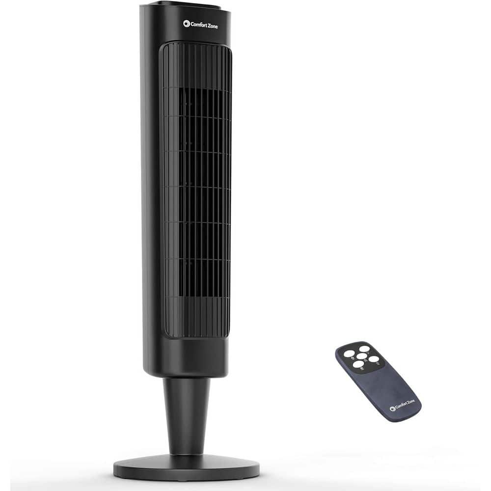 36 in. 10.63 in diameter base 3-speed oscillating electric tower fan with remote control, timer, carry handle in black