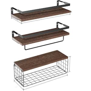 16 in. L x 5 in. D Brown Mounted Rustic Wood Shelves with Storage Basket (Set of 3)