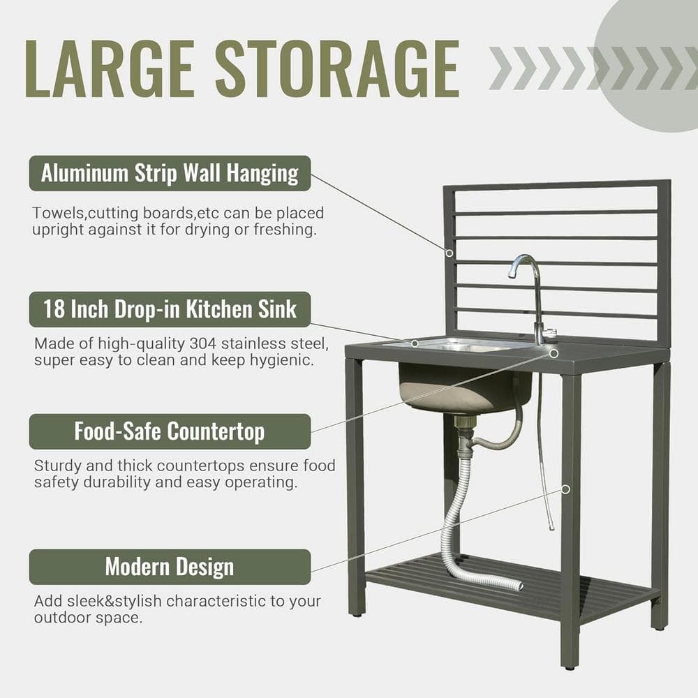 Gray Aluminum Outdoor Kitchen Island with Sink and Storage