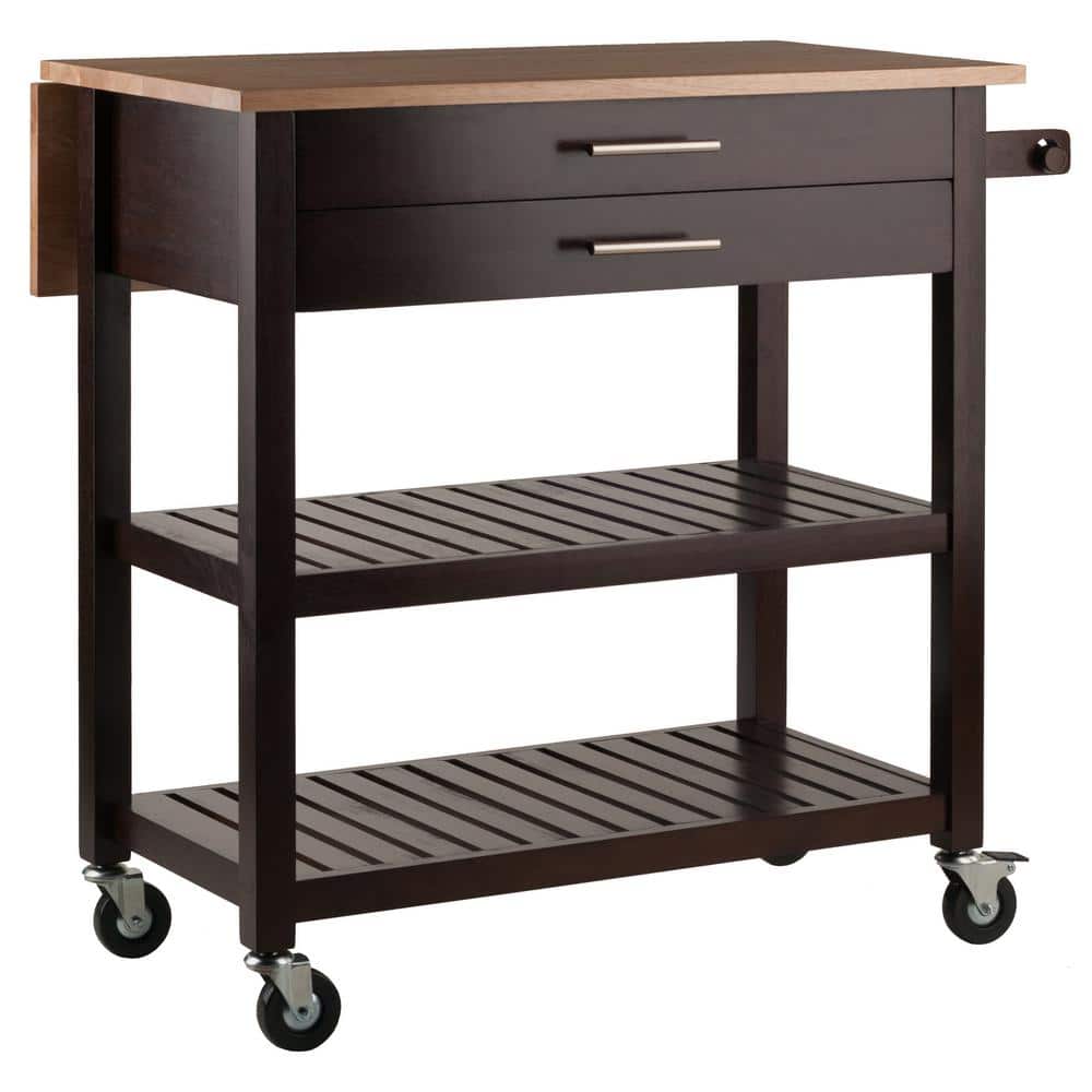 Brown Wood Drop Leaf Kitchen Cart with Storage