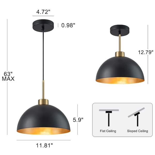TinHon Modern Black and Gold Dome Pendant Light, 1-Light Farmhouse