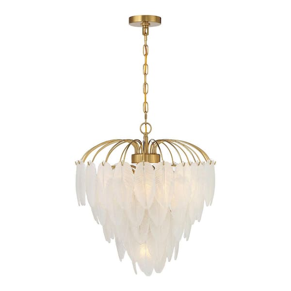 Savoy House Boa By Breegan Jane 22 in. W x 24 in. H 6-Light Warm Brass Chandelier with Frosted Feather Accents and No Bulbs Included