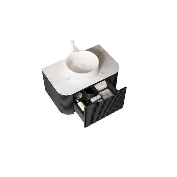 Modland Baye 29.92 in. W Floating Black Bath Vanity with White Ceramic Sink and White Engineered Marble Top Unassembled