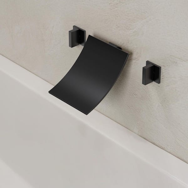 EVERSTEIN 2-Handle Handle Wall Mounted Waterfall Roman Tub Faucet, with High Flow and Brass Rough-In Valve in Matte Black