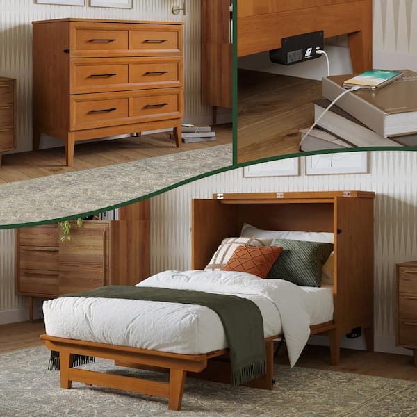 AFI Santa Fe Light Toffee Natural Bronze Solid Wood Frame Twin Murphy Bed Chest with Mattress and Built-in Charger