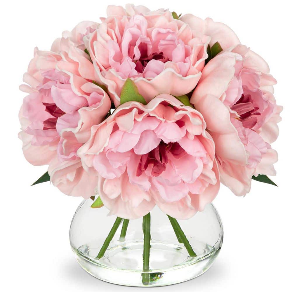 8.7 in. Peony Light Pink Indoor Artificial Peony in Glass Vase