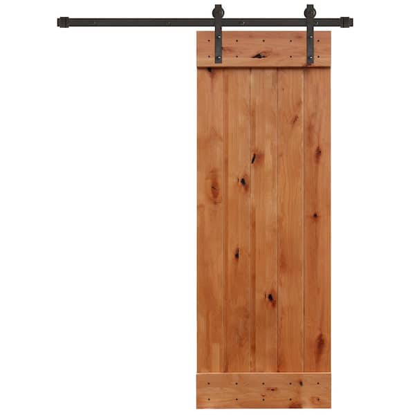 Pacific Entries 30 in. x 84 in. Rustic Unfinished 1 Panel Knotty Alder Sliding Barn Door Kit with Oil Rubbed Bronze Hardware Kit