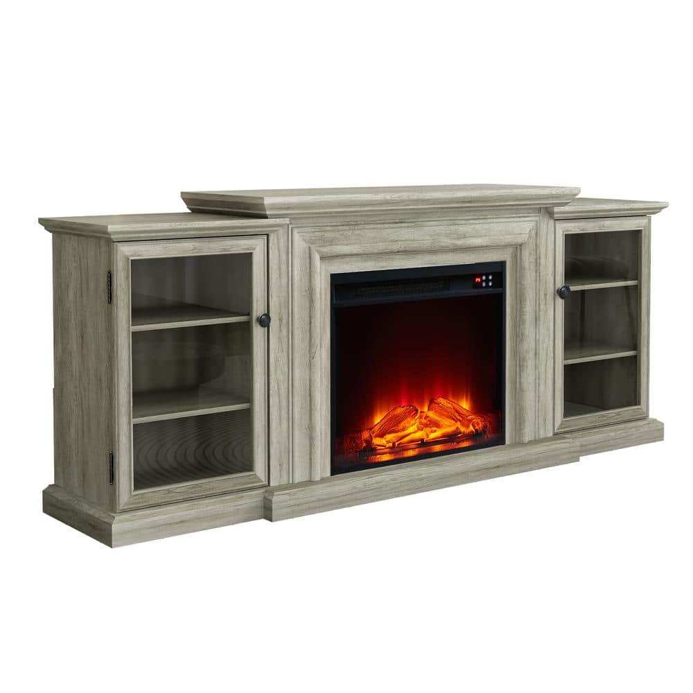 Gray Farmhouse TV Stand with Electric Fireplace and Cabinets