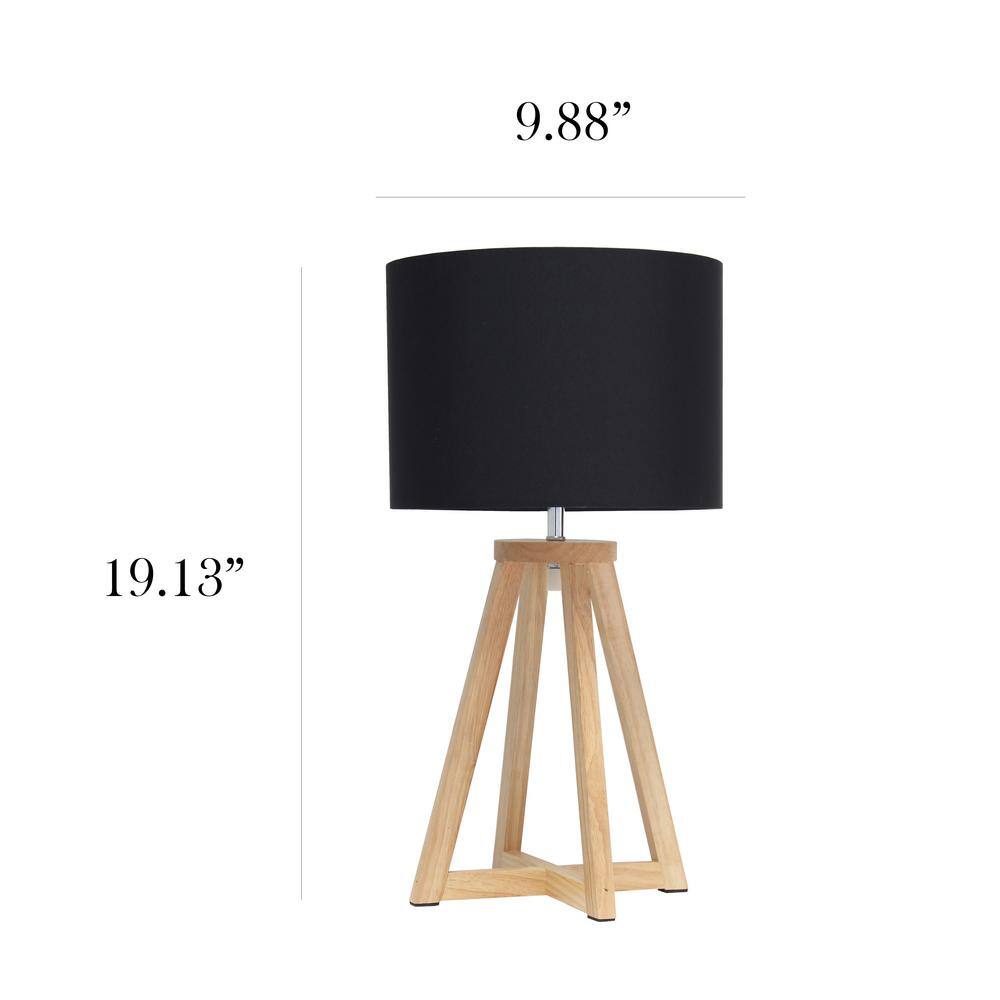 Natural Wood Tripod Nightstand Lamp with Black Barrel Shade