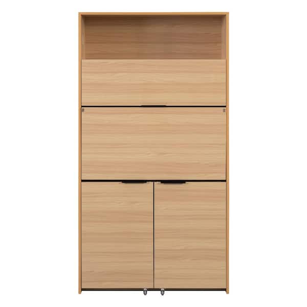 36 in. W x 15 in. D x 69 in. H Natural Linen Cabinet, Foldable Pantry Storage Cabinet with Adjustable Shelf,Power Outlet