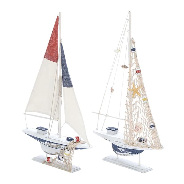Oriana White 13 in. x 22 in. Sail Boat  Wood Sculpture (Set of 2)
