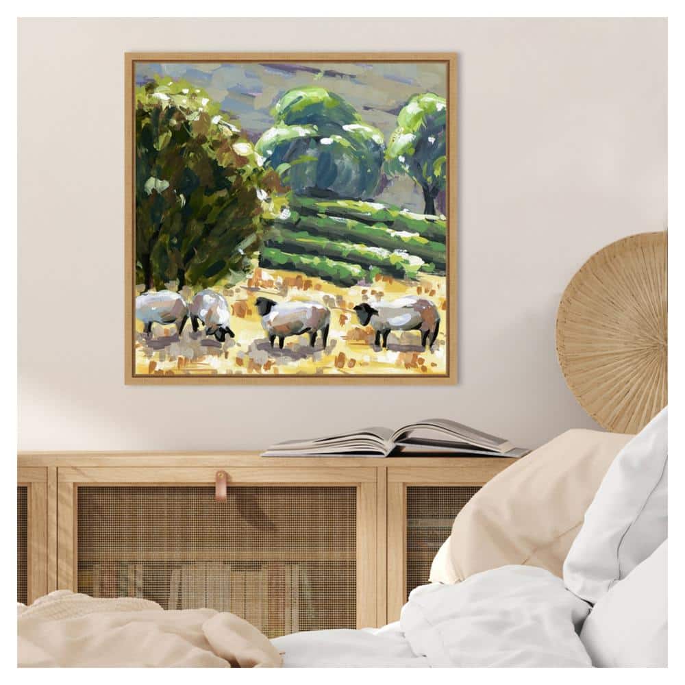 Sheep in Summer I Realism Art Canvas Print with Maple Frame