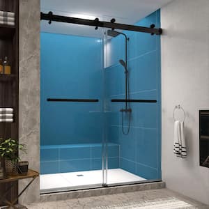 59 in. W x 76 in. H Dual-Sliding Frameless Shower Door in Matte Black with Clear Glass