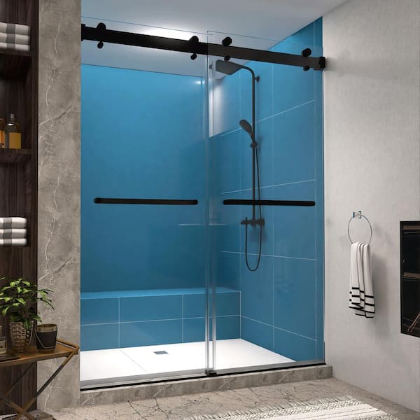 MEDUNJESS 59 in. W x 76 in. H Dual-Sliding Frameless Shower Door in Matte Black with Clear Glass