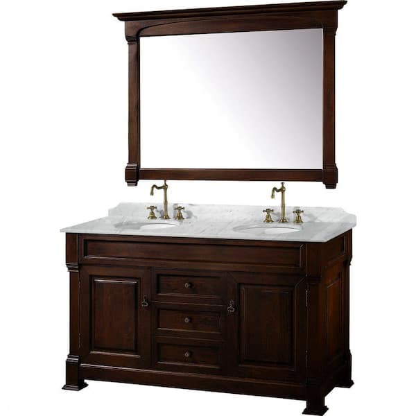 Wyndham Collection Andover 60 in. Vanity in Dark Cherry with Marble Vanity Top in Carrara White and Mirror