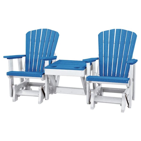 American Furniture Classics All Poly 76 in. 2-Person White Frame Poly Resin Outdoor Fan Back Glider with Table with Blue Seat