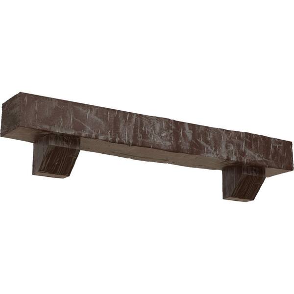 Ekena Millwork 8 in. x 10 in. x 5 ft. Hand Hewn Faux Wood Fireplace Mantel Kit, Ashford Corbels, Aged Pecan