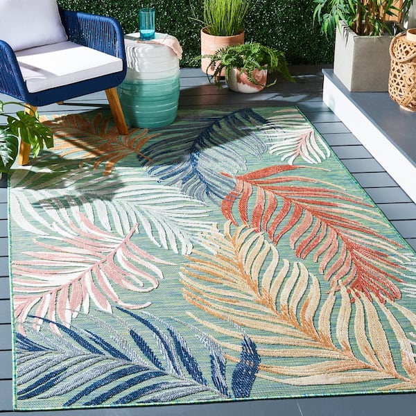 Cabana Green/Rust 8 ft. x 8 ft. High-Low Oversized Leaf Square Indoor/Outdoor Area Rug