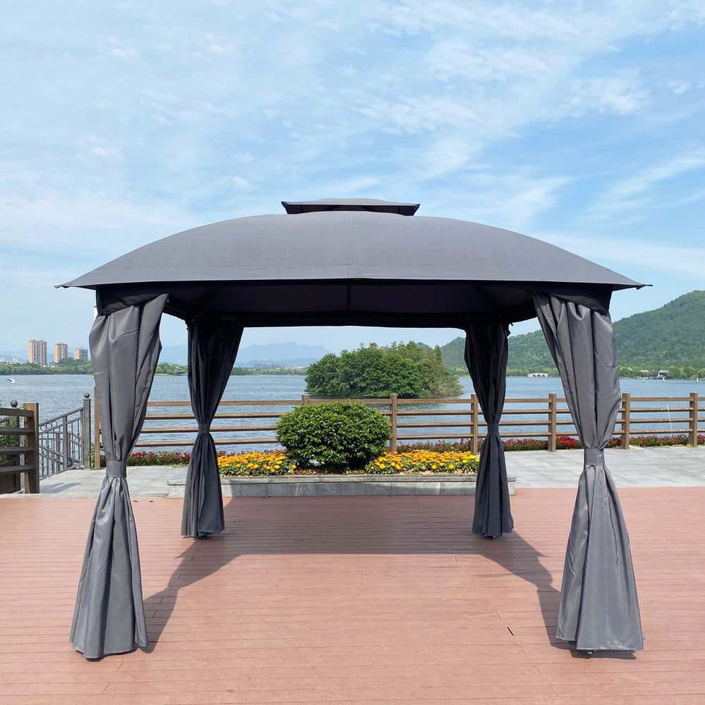 10 ft. x 10 ft. Grey Outdoor Patio Garden Gazebo Canopy With Curtain