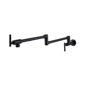 Commercial Wall Mounted Pot Filler with Double Lever Handle Swing Arm Brass Folding Kitchen Sink Faucet in Matte Black