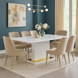 Tyra White and Gold Wood Rectangle 35 in. Pedestal Base Dining Table Seats 6