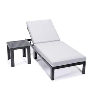 Chelsea Modern Black Aluminum Outdoor Patio Chaise Lounge Chair with Side Table and Light Grey Cushions