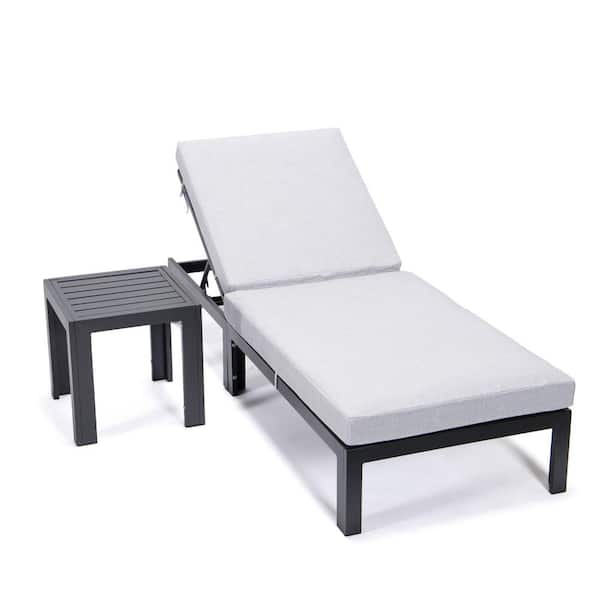 Leisuremod Chelsea Modern Black Aluminum Outdoor Patio Chaise Lounge Chair with Side Table and Light Grey Cushions