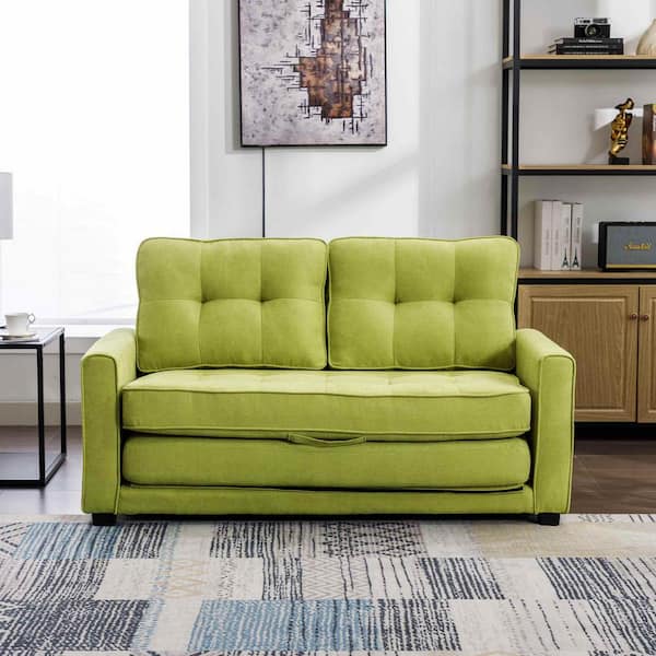 Polibi 59.4 in. Square Arm Chenille Rectangle Sofa with Pull-Out Bed Modern Upholstered Couch with Side Pocket in Green