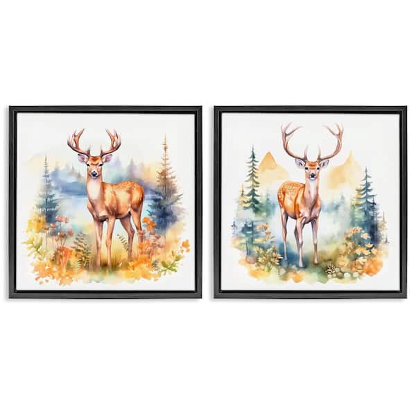 Wild Deer Mountain Overlook by Andrea Haase 2-Pieces Black Floater Frame Animal Graphic Art Print 25 in. x 25 in.