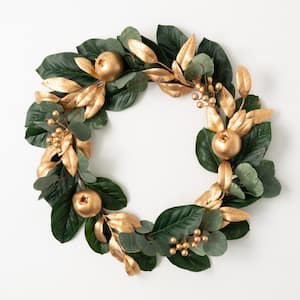 22 in. Artificial Gold Berry Leaf Christmas Wreath; Green