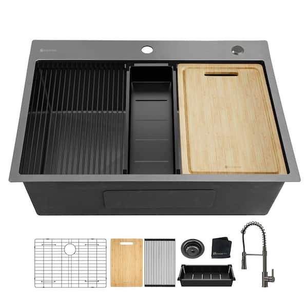 32 in. Drop-in Single Bowl 18-Gauge Gunmetal Black Stainless Steel Kitchen Sink with Faucet and Bottom Grids