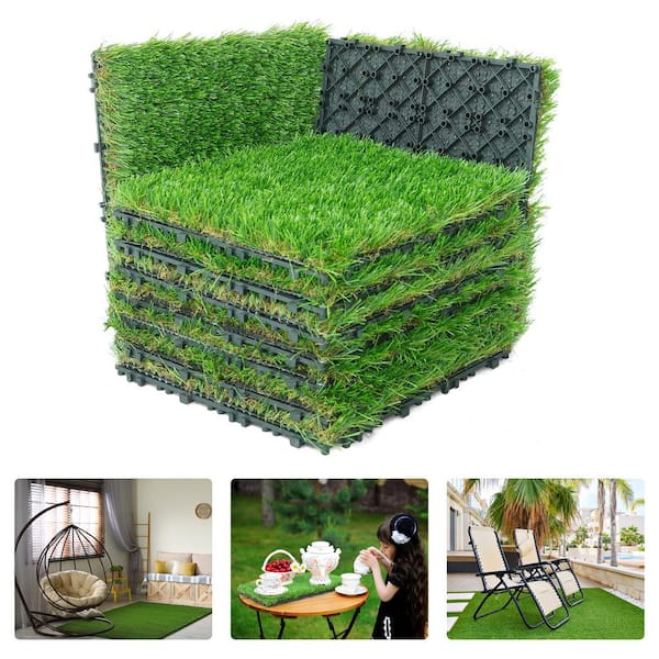 Green 12 in. x 12 in. Artificial Grass Interlocking Tiles, Interlocking Fake Faux Grass Pet Turf (9 Pack)