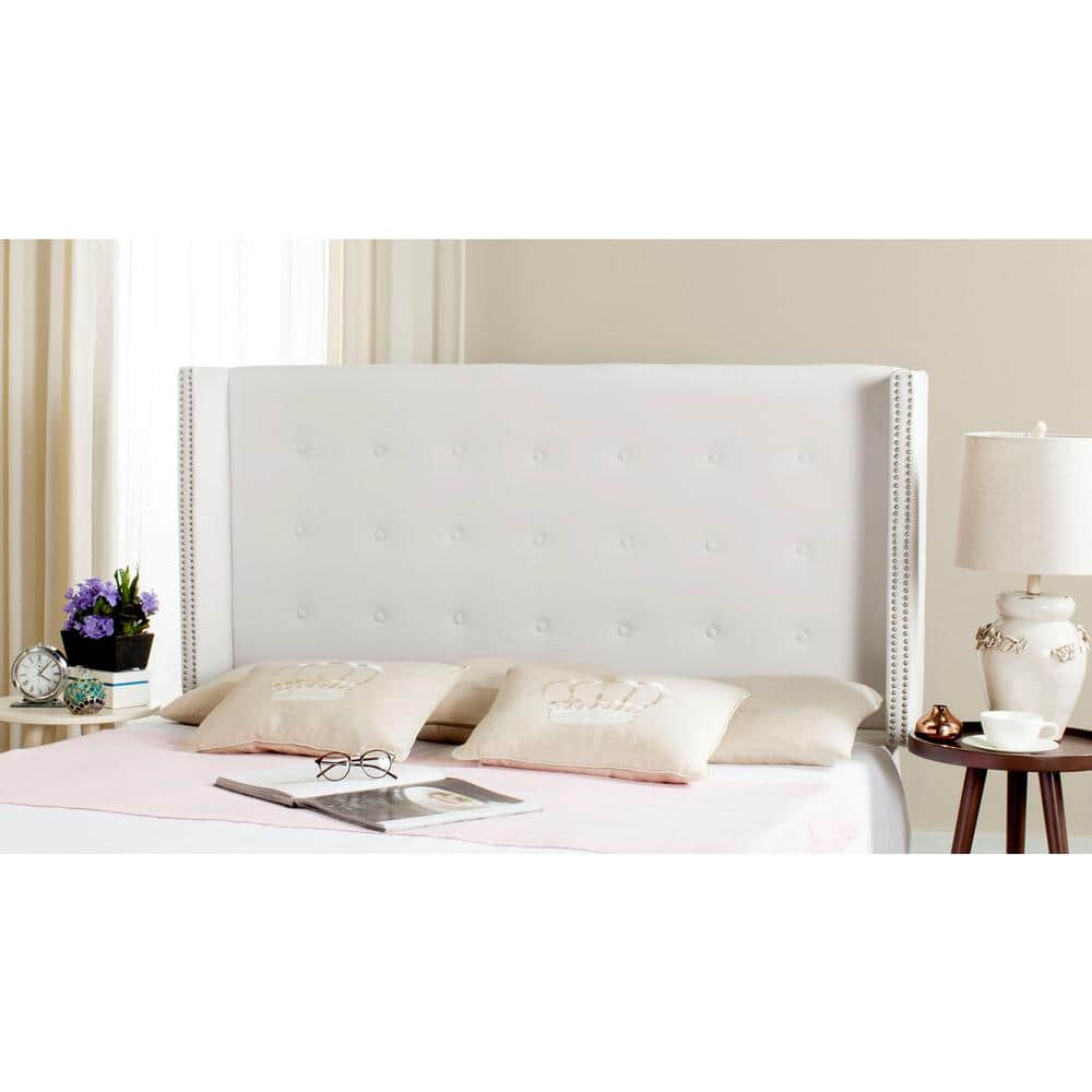 Elegant White Velvet Tufted Queen Winged Headboard with Silver Nailheads