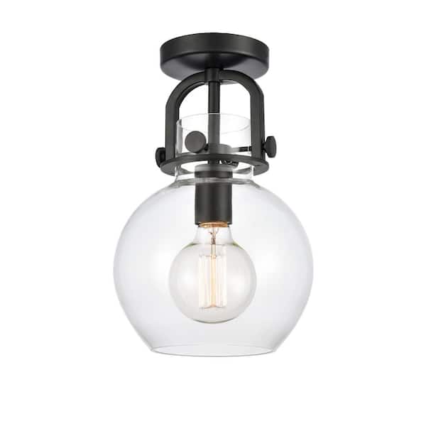 Newton Sphere 8 in. 1-Light Matte Black Industrial Flush Mount with Clear Glass Shade