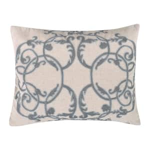Rome Taupe, Grey, Silver Embroidered Scroll 18 in. x 14 in. Throw Pillow