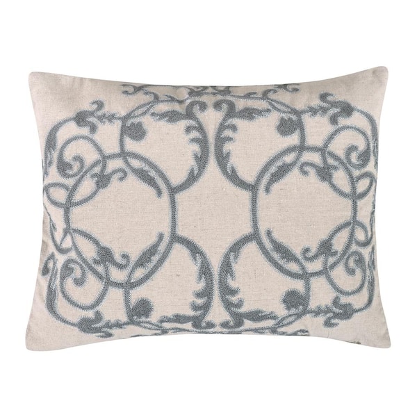 LEVTEX HOME Rome Taupe, Grey, Silver Embroidered Scroll 18 in. x 14 in. Throw Pillow