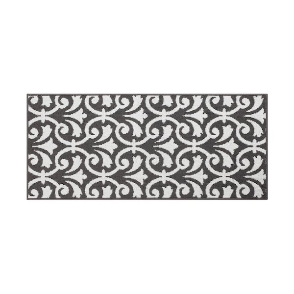 Jean Pierre Washable Non-Skid Dark Grey and White 26 in. x 45 in. Medallion Accent Rug