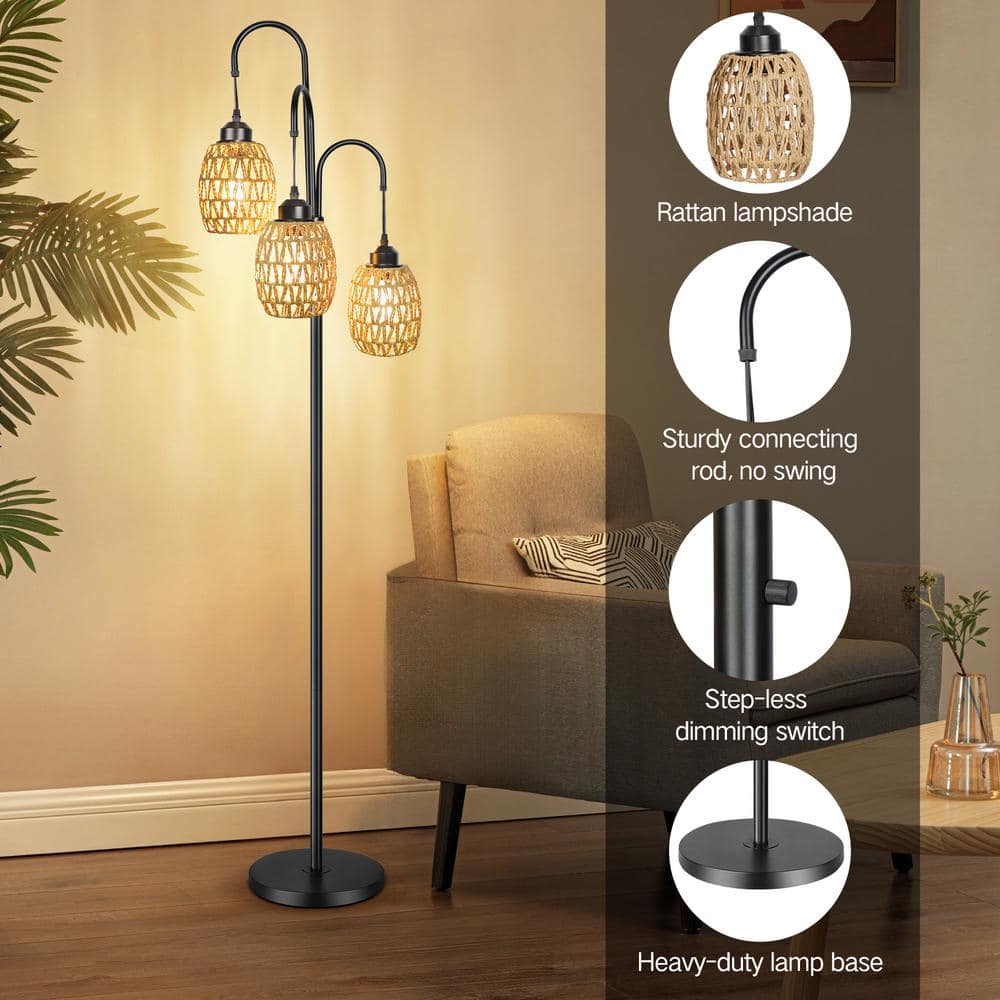 Black Metal Arc Floor Lamp with Rattan Shades