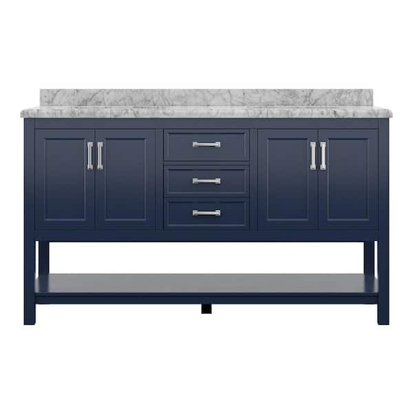 Everett 61 in. Double Sink Agean Blue Bath Vanity with White Carrara Marble Top (Assembled)