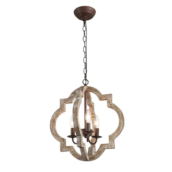 RRTYO Brutus 15.7 in. 3-Light Bronze Aged Wood Round Lantern Candlestick Chandelier Pendant Light with Rustic Iron