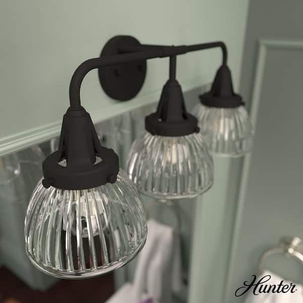 Hunter Cypress Grove 24.25 in. 3 Light Natural Iron Vanity Light with Clear Holophane Glass Shades Bathroom Light